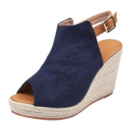 Renessmi Mode Peep Toe Plateau Espadrille Damen Römersandalens Runde Zehen High Keilabsatz Klassische Gladiator Footwear Blau Gr 40 EU-41 Cn von Renessmi