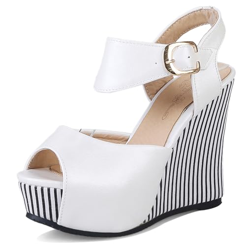 Renessmi Mode Peep Toe Plateau Keilabsatz Schnalle Damensandalen Print Heel Runde Zehen Super Höhe Ferse Prom Footwear Beige Gr 40.5 EU-42 Cn von Renessmi