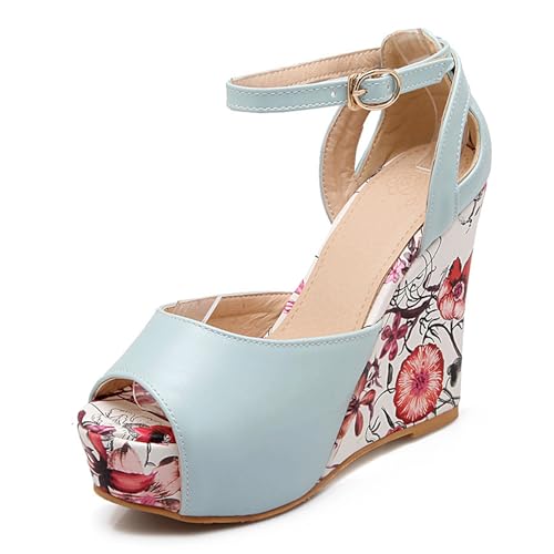 Renessmi Mode Peep Toe Plateau Keilabsatz Schnalle Damensandalen Print Heel Runde Zehen Super Höhe Ferse Prom Footwear Blau Gr 38 EU-39 Cn von Renessmi