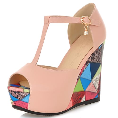 Renessmi Mode Peep Toe Plateau Keilabsatz Schnalle Damensandalen Print Heel Runde Zehen Super Höhe Ferse Prom Footwear Pink Gr 38 EU-39 Cn von Renessmi