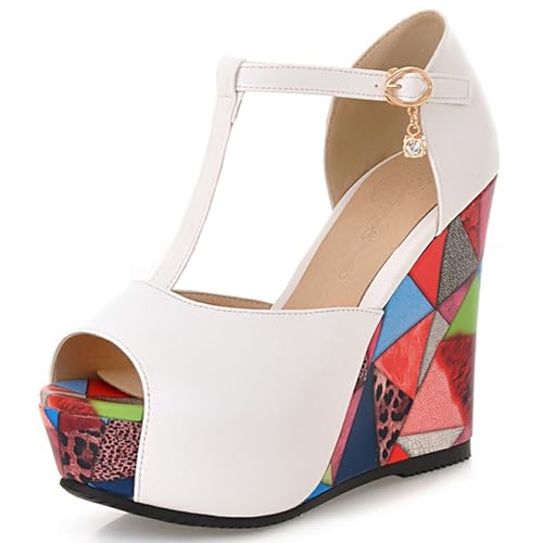 Renessmi Mode Peep Toe Plateau Keilabsatz Schnalle Damensandalen Print Heel Runde Zehen Super Höhe Ferse Prom Footwear Weiß Gr 37 EU-38 Cn von Renessmi