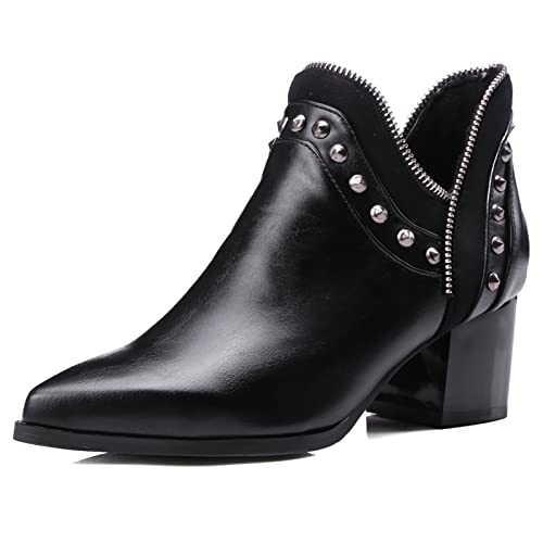 Renessmi Mode Pointed Toe Blockabsatz Damen Stiefeletten Komfort Mitte Absatz Reißverschluss Ohne Verschluss Elegant Business Stiefeletten Footwear Schwarz Gr 36 EU von Renessmi