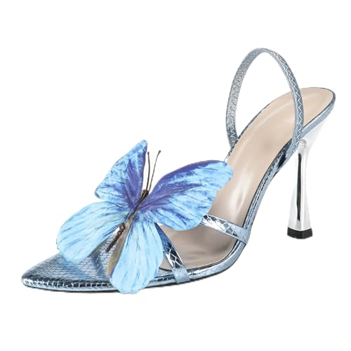 Renessmi Mode Pointed Toe Ohne Verschluss Stiletto Damensandalen Höhe Ferse Slingback Butterfly Shiny Strappy Offene Zeh Footwear Blau Gr 40.5 EU-42 Cn von Renessmi
