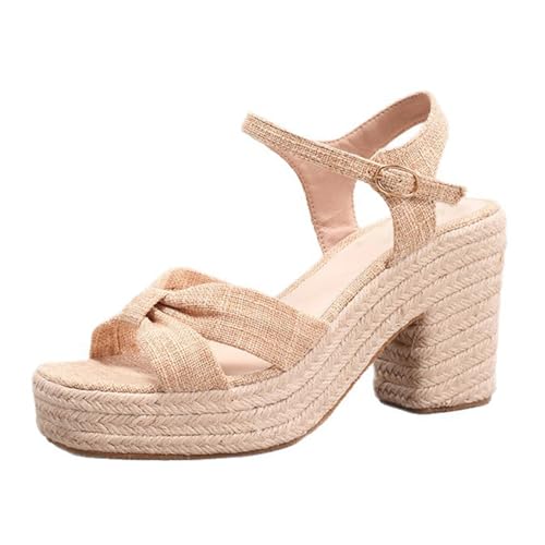 Renessmi Mode Square Toe Espadrille Blockabsatz Damensandalen Weit Fit-Spangepy Klassische Cloth Slingback Knöchelriemchen Footwear Aprikose Gr 35 EU von Renessmi
