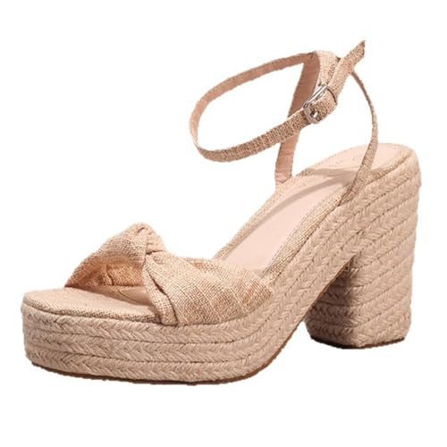 Renessmi Mode Square Toe Espadrille Blockabsatz Damensandalen Weit Fit-Spangepy Klassische Cloth Slingback Knöchelriemchen Footwear Aprikose Gr 41 EU-43 Cn von Renessmi