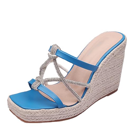 Renessmi Mode Square Toe Espadrille Plateau Damen Pantoffeln Weit Fit High Keilabsatz Ohne Verschluss Strand Kleid Mules Footwear Blau Gr 39 EU-40 Cn von Renessmi