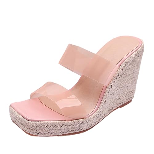 Renessmi Mode Square Toe Espadrille Plateau Damen Pantoffeln Weit Fit High Keilabsatz Ohne Verschluss Strand Kleid Mules Footwear Pink Gr 36.5 EU-37 Cn von Renessmi