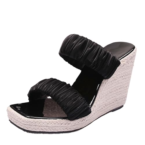 Renessmi Mode Square Toe Espadrille Plateau Damen Pantoffeln Weit Fit High Keilabsatz Ohne Verschluss Strand Kleid Mules Footwear Schwarz Gr 37 EU-38 Cn von Renessmi