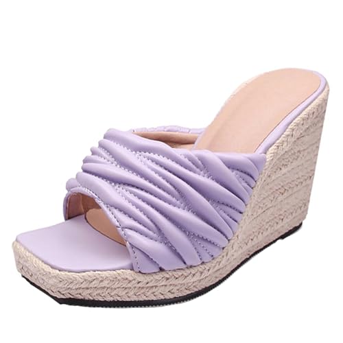 Renessmi Mode Square Toe Espadrille Plateau Damen Pantoffeln Weit Fit High Keilabsatz Ohne Verschluss Strand Kleid Mules Footwear Violett Gr 35 EU von Renessmi