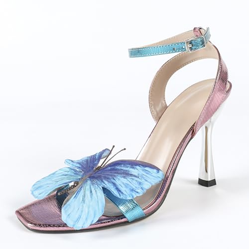 Renessmi Offene Zeh Stiletto Butterfly Slingback Damensandalen Strappy Square Toe Höhe Ferse Shiny Hochzeit Prom Footwear Pink Gr 41 EU-43 Cn von Renessmi