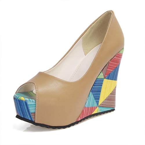 Renessmi Peep Toe Keilabsatz Ohne Verschluss Plateau Damensandalen Super Höhe Ferse Print Heel Party Sommer Pumps Footwear Aprikose Gr 36.5 EU-37 Cn von Renessmi