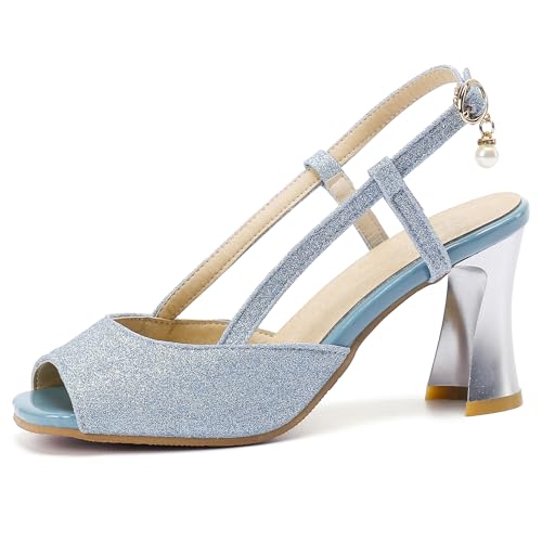 Renessmi Peep Toe Strange Heel Slingback Schnalle Damensandalen Square Toe High Blockabsatz Sommer Glitzer Lack Footwear Blau Gr 36 EU von Renessmi