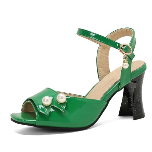 Renessmi Peep Toe Strange Heel Slingback Schnalle Damensandalen Square Toe High Blockabsatz Sommer Glitzer Lack Footwear Grün Gr 39 EU-40 Cn von Renessmi