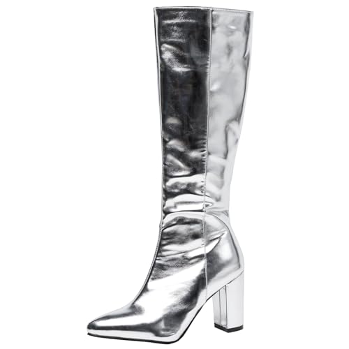 Renessmi Pointed Toe Damen Kniehohe Stiefel Blockabsatz Side Reißverschluss Elegant Höhe Ferse Winter Hochzeit Party Anzugstiefel Footwear Silber Gr 40 EU-41 Cn von Renessmi
