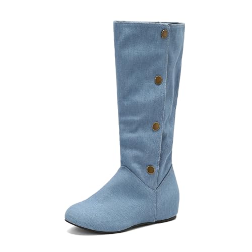 Renessmi Retro Buttons Keilabsatz Runde Zehen Damen Knee Hohe Stiefel Interne Erhohen Concise Herbst Arbeit Overknees Stiefel Footwear Blau Gr 37 EU-38 Cn von Renessmi