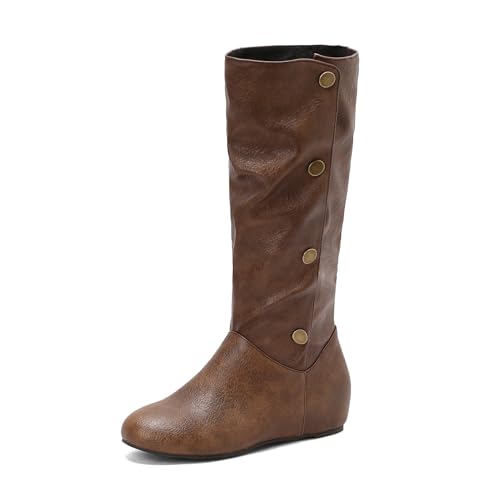 Renessmi Retro Buttons Keilabsatz Runde Zehen Damen Knee Hohe Stiefel Interne Erhohen Concise Herbst Arbeit Overknees Stiefel Footwear Braun Gr 34 EU von Renessmi