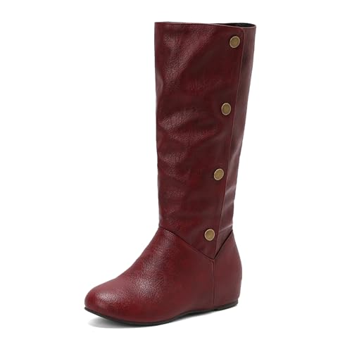 Renessmi Retro Buttons Keilabsatz Runde Zehen Damen Knee Hohe Stiefel Interne Erhohen Concise Herbst Arbeit Overknees Stiefel Footwear Rotwein Gr 35 EU von Renessmi