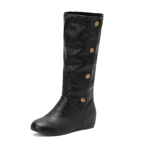 Renessmi Retro Buttons Keilabsatz Runde Zehen Damen Knee Hohe Stiefel Interne Erhohen Concise Herbst Arbeit Overknees Stiefel Footwear Schwarz Gr 42 EU-44 Cn von Renessmi