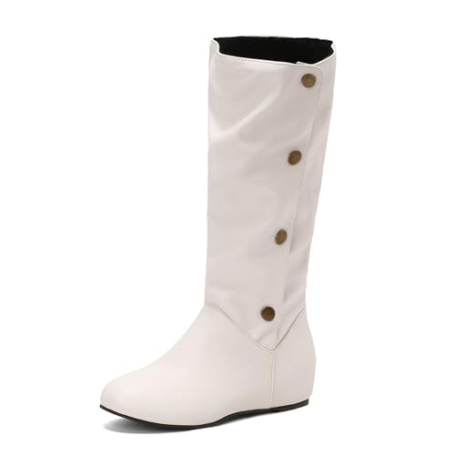 Renessmi Retro Buttons Keilabsatz Runde Zehen Damen Knee Hohe Stiefel Interne Erhohen Concise Herbst Arbeit Overknees Stiefel Footwear Weiß Gr 45 EU-47 Cn von Renessmi