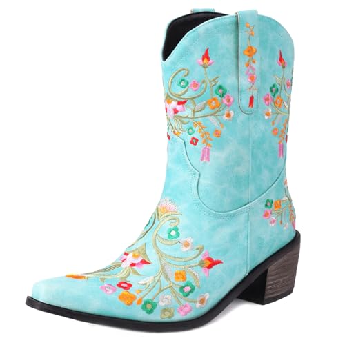 Renessmi Retro Chunky Heel Ohne Verschluss Bestickt Damen Cowboystiefel Little Square Toe Blumes Kurz Reitstiefel Footwear Blau Gr 35 EU von Renessmi