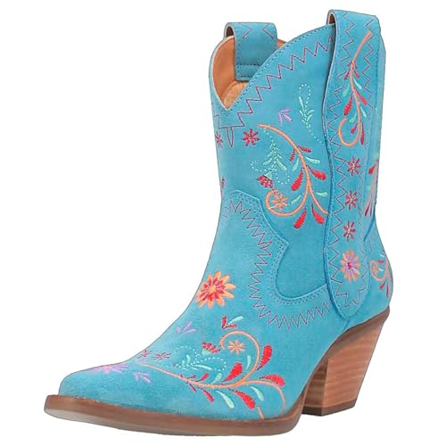 Renessmi Retro Chunky Heel Ohne Verschluss Bestickt Damen Cowboystiefel Little Square Toe Blumes Kurz Reitstiefel Footwear Blau Gr 47 EU-49 Cn von Renessmi