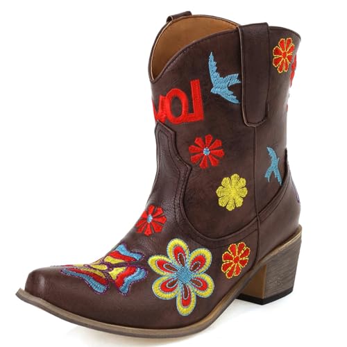 Renessmi Retro Chunky Heel Ohne Verschluss Bestickt Damen Cowboystiefel Little Square Toe Blumes Kurz Reitstiefel Footwear Braun Gr 41 EU-43 Cn von Renessmi