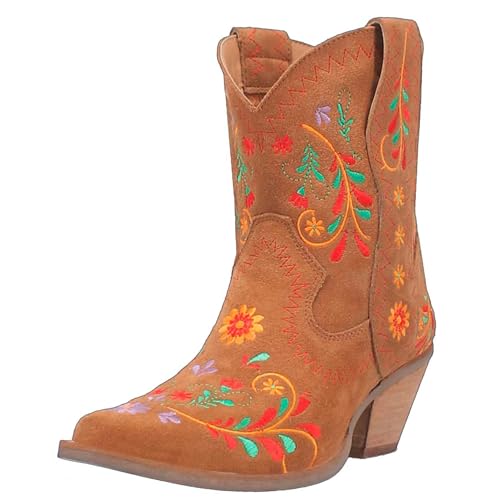 Renessmi Retro Chunky Heel Ohne Verschluss Bestickt Damen Cowboystiefel Little Square Toe Blumes Kurz Reitstiefel Footwear Braun Gr 41 EU-43 Cn von Renessmi