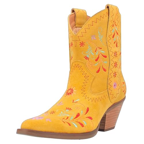 Renessmi Retro Chunky Heel Ohne Verschluss Bestickt Damen Cowboystiefel Little Square Toe Blumes Kurz Reitstiefel Footwear Gelb Gr 41 EU-43 Cn von Renessmi