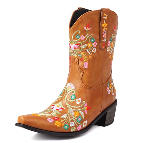 Renessmi Retro Chunky Heel Ohne Verschluss Bestickt Damen Cowboystiefel Little Square Toe Blumes Kurz Reitstiefel Footwear Gelb Gr 42 EU-44 Cn von Renessmi