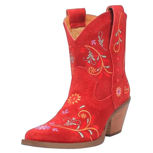 Renessmi Retro Chunky Heel Ohne Verschluss Bestickt Damen Cowboystiefel Little Square Toe Blumes Kurz Reitstiefel Footwear Rot Gr 46 EU-48 Cn von Renessmi