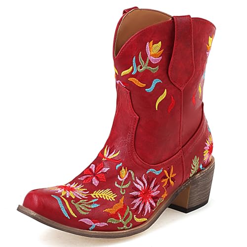 Renessmi Retro Chunky Heel Ohne Verschluss Bestickt Damen Cowboystiefel Little Square Toe Blumes Kurz Reitstiefel Footwear Rotwein Gr 35 EU von Renessmi