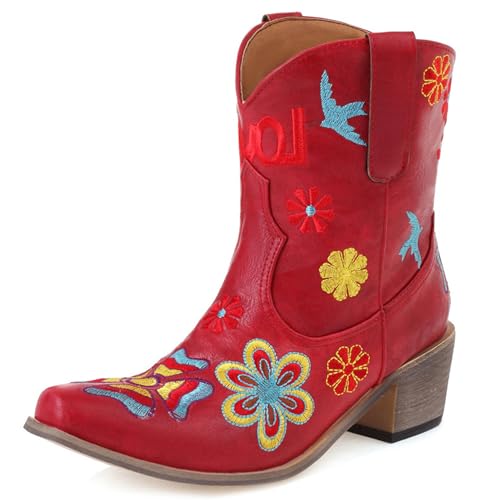 Renessmi Retro Chunky Heel Ohne Verschluss Bestickt Damen Cowboystiefel Little Square Toe Blumes Kurz Reitstiefel Footwear Rotwein Gr 44 EU-46 Cn von Renessmi