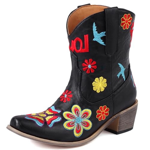 Renessmi Retro Chunky Heel Ohne Verschluss Bestickt Damen Cowboystiefel Little Square Toe Blumes Kurz Reitstiefel Footwear Schwarz Gr 36.5 EU-37 Cn von Renessmi