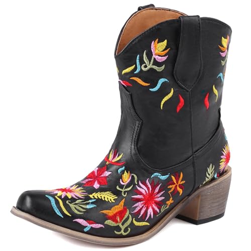 Renessmi Retro Chunky Heel Ohne Verschluss Bestickt Damen Cowboystiefel Little Square Toe Blumes Kurz Reitstiefel Footwear Schwarz Gr 41 EU-43 Cn von Renessmi