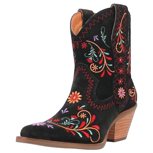 Renessmi Retro Chunky Heel Ohne Verschluss Bestickt Damen Cowboystiefel Little Square Toe Blumes Kurz Reitstiefel Footwear Schwarz Gr 47 EU-49 Cn von Renessmi