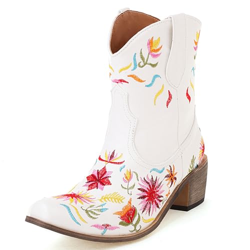 Renessmi Retro Chunky Heel Ohne Verschluss Bestickt Damen Cowboystiefel Little Square Toe Blumes Kurz Reitstiefel Footwear Weiß Gr 35 EU von Renessmi
