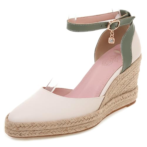 Renessmi Retro Espadrille Pointed Toe Keilabsatz Damensandalen Plateau Mixed Color Knöchelriemchen Schnalle Höhe Ferse Footwear Beige Gr 39 EU-40 Cn von Renessmi
