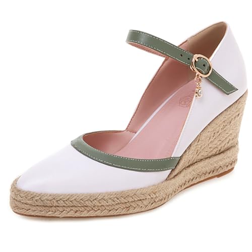 Renessmi Retro Espadrille Pointed Toe Keilabsatz Damensandalen Plateau Mixed Color Knöchelriemchen Schnalle Höhe Ferse Footwear Weiß Gr 33 EU von Renessmi