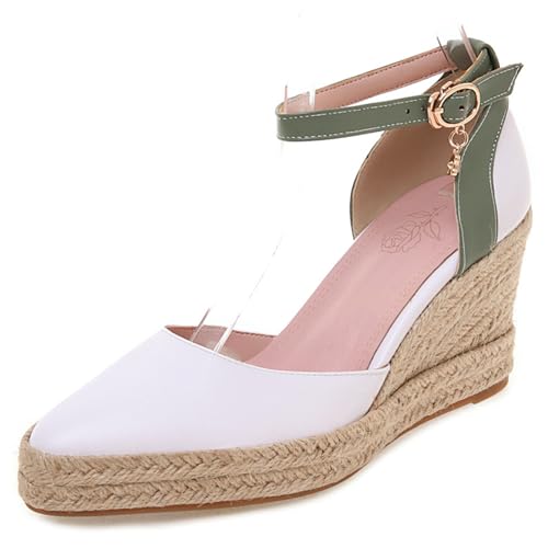 Renessmi Retro Espadrille Pointed Toe Keilabsatz Damensandalen Plateau Mixed Color Knöchelriemchen Schnalle Höhe Ferse Footwear Weiß Gr 34 EU von Renessmi