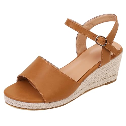 Renessmi Retro Keilabsatz Offene Zeh Slingback Damen Römersandalens Plateau Espadrille Knöchelriemchen Mode Arbeit Footwear Camel Gr 40.5 EU-42 Cn von Renessmi