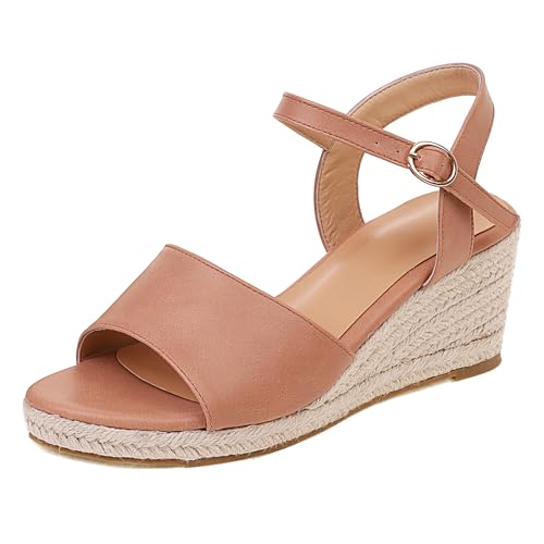 Renessmi Retro Keilabsatz Offene Zeh Slingback Damen Römersandalens Plateau Espadrille Knöchelriemchen Mode Arbeit Footwear Pink Gr 33 EU von Renessmi