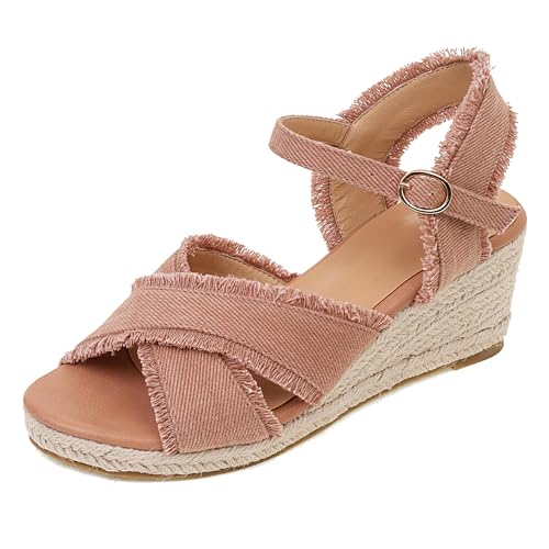Renessmi Retro Keilabsatz Offene Zeh Slingback Damen Römersandalens Plateau Espadrille Knöchelriemchen Mode Arbeit Footwear Pink Gr 36 EU von Renessmi