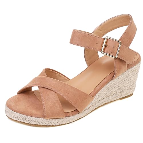 Renessmi Retro Keilabsatz Offene Zeh Slingback Damen Römersandalens Plateau Espadrille Knöchelriemchen Mode Arbeit Footwear Pink Gr 38 EU-39 Cn von Renessmi