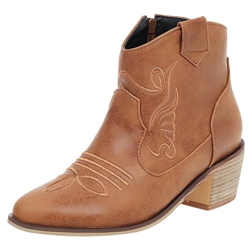 Renessmi Retro Runde Zehen Chunky Heel Side Reißverschluss Damen Stiefeletten Klassische Bestickt Mitte Absatz Low Cowboystiefel Footwear Braun Gr 33 EU von Renessmi