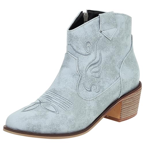 Renessmi Retro Runde Zehen Chunky Heel Side Reißverschluss Damen Stiefeletten Klassische Bestickt Mitte Absatz Low Cowboystiefel Footwear Grau Gr 44 EU-46 Cn von Renessmi