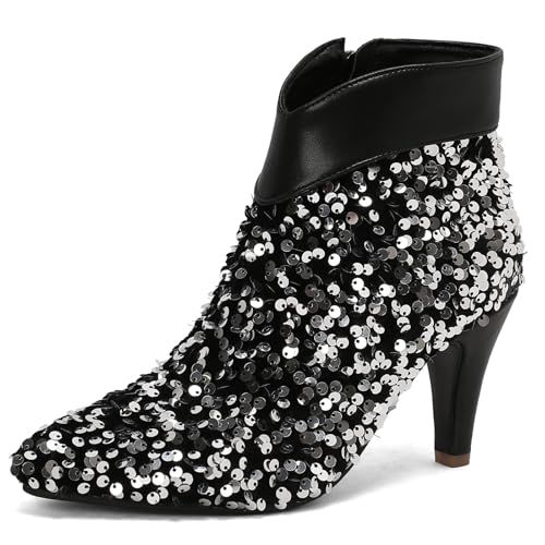 Renessmi Shiny Bridal Kitten Heel Pointed Toe Damen Stiefeletten Side Reißverschluss Glitzer Höhe Ferse Hochzeit Party Kleid Stiefeletten Footwear Schwarz Gr 40.5 EU-42 Cn von Renessmi