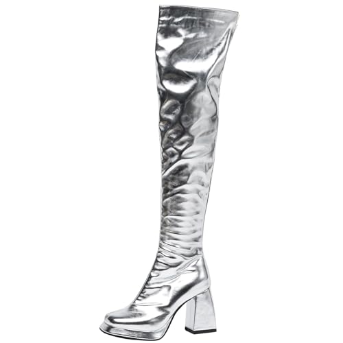 Renessmi Shiny Damen Overknee Stiefel Höhe Ferse Plateau Square Toe Blockabsatz Side Reißverschluss Warm Long Reitstiefel Footwear Silber Gr 42 EU-44 Cn von Renessmi