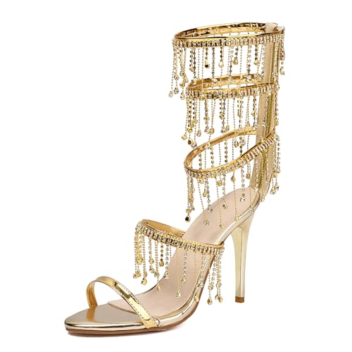 Renessmi Shiny Franse Stiletto Back Reißverschluss Damen Römersandalens Höhe Ferse Strappy Runde Zehen Abend Show Gladiator Footwear Gold Gr 40.5 EU-42 Cn von Renessmi