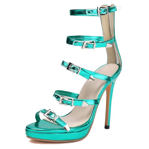 Renessmi Shiny Schnalle Strappy Runde Zehen Damen Römersandalens Stiletto Peep Toe Plateau Back Reißverschluss Prom Footwear Grün Gr 36.5 EU-37 Cn von Renessmi