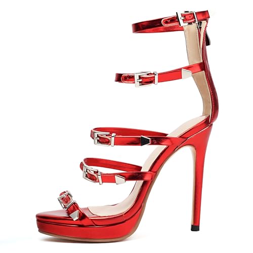 Renessmi Shiny Schnalle Strappy Runde Zehen Damen Römersandalens Stiletto Peep Toe Plateau Back Reißverschluss Prom Footwear Rot Gr 38 EU-39 Cn von Renessmi